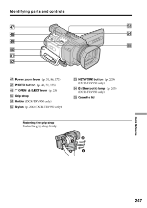 Page 247247
Quick Reference
Fastening the grip strap
Fasten the grip strap firmly.
rjPower zoom lever  (p. 31, 86, 173)
rkPHOTO button  (p. 46, 51, 135)
rl
 OPEN/ Z EJECT lever  (p. 23)
t;Grip strap
taHolder (DCR-TRV950 only)
tsStylus  (p. 206) (DCR-TRV950 only)
Identifying parts and controls
tdNETWORK button  (p. 205)
(DCR-TRV950 only)
tf
 (Bluetooth) lamp  (p. 205)
(DCR-TRV950 only)
tgCassette lid
rjtd
tf
tg
rk
rl
t;
ta
ts 