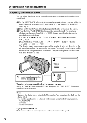 Page 7070
Adjusting the shutter speed
You can adjust the shutter speed manually to suit your preference and with its shutter
speed fixed.
(1) Set the AUTO LOCK selector to the center (auto lock release) position while the
POWER switch is set to CAMERA or MEMORY/NETWORK(DCR-TRV950
only). (p. 67)
(2)Press SHUTTER SPEED. The shutter speed indicator appears on the screen.
(3)Turn the SEL/PUSH EXEC dial to select the desired speed. The available
shutter speed ranges from 1/4 to 1/10000. As you turn the dial, the...