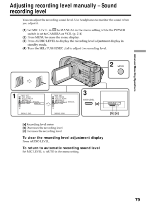 Page 7979
Advanced Recording Operations
You can adjust the recording sound level. Use headphones to monitor the sound when
you adjust it.
(1)Set MIC LEVEL in  to MANUAL in the menu setting while the POWER
switch is set to CAMERA or VCR. (p. 214)
(2)Press MENU to erase the menu display.
(3)Press AUDIO LEVEL to display the recording level adjustment display in
standby mode.
(4)Turn the SEL/PUSH EXEC dial to adjust the recording level.
[a]Recording level meter
[b]Decreases the recording level
[c]Increases the...