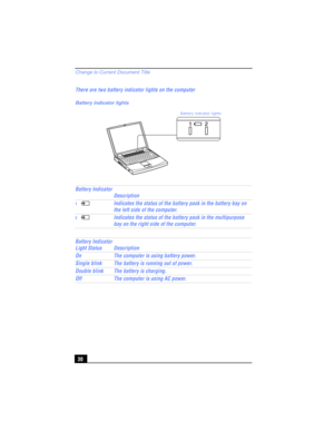 Page 30Change to Current Document Title
30 There are two battery indicator lights on the computer
Battery indicator lights
Battery Indicator
Description
1 Indicates the status of the battery pack in the battery bay on 
the left side of the computer.
2 Indicates the status of the battery pack in the multipurpose 
bay on the right side of the computer.
Battery Indicator 
Light Status Description
On The computer is using battery power.
Single blink The battery is running out of power.
Double blink The battery is...