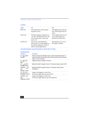 Page 40Change to Current Document Title
40
Lights
Light On Off
Num LockThe number keys in the numeric 
keypad are active.The alphanumeric character 
keys in the keypad area are 
active.
Caps Lock The letters appear in uppercase as 
you type. The Shift key lowers the 
case of typed letters when Caps 
Lock is on.Letters appear in lower case 
as you type (unless you 
hold down the Shift key).
Scroll Lock The screen scrolls differently. 
(Exactly how it scrolls depends on 
the specific application. It has no...