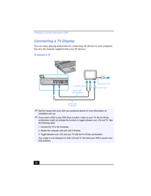 Page 72Change to Current Document Title
72
Connecting a TV Display 
You can enjoy playing audio/video by connecting AV devices to your computer. 
See also the manuals supplied with your AV devices.
To Connect a TV
✍See the manual that came with your peripheral device for more information on 
installation and use.
✍If you insert a DVD in your DVD drive to watch a video on your TV, the Fn+F8 key 
combination might not activate the function to toggle between your LCD and TV. Take 
the following steps:
1. Connect...