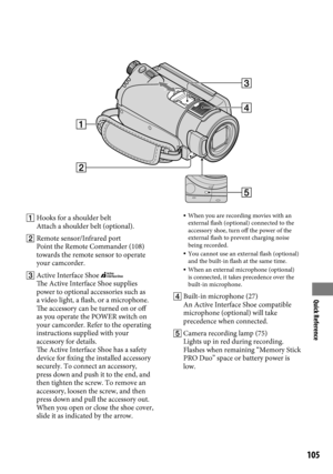 Page 105Quick Reference
105
 Hooks for a shoulder belt
Attach a shoulder belt (optional).
  Remote sensor/Infrared port
Point the Remote Commander (108) 
towards the remote sensor to operate 
your camcorder.
  Active Interface Shoe 
 
The Active Interface Shoe supplies 
power to optional accessories such as 
a video light, a flash, or a microphone. 
The accessory can be turned on or off 
as you operate the POWER switch on 
your camcorder. Refer to the operating 
instructions supplied with your 
accessory for...