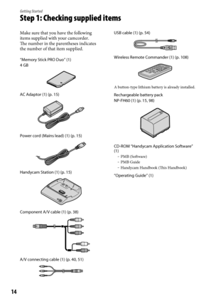 Page 1414
Getting Started
Step 1: Checking supplied items
Make sure that you have the following 
items supplied with your camcorder.
The number in the parentheses indicates 
the number of that item supplied.
“Memory Stick PRO Duo” (1)
4 GB
AC Adaptor (1) (p. 15)
Power cord (Mains lead) (1) (p. 15)
Handycam Station (1) (p. 15)
Component A/V cable (1) (p. 38)
A/V connecting cable (1) (p. 40, 51)
USB cable (1) (p. 54)
Wireless Remote Commander (1) (p. 108)
A button-type lithium battery is already installed....