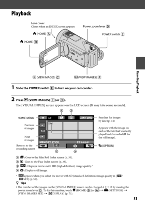 Page 31Recording/Playback
1
Playback
1 Slide the POWER switch  to turn on your camcorder.
2 Press  (VIEW IMAGES)  (or ).
The [VISUAL INDEX] screen appears on the LCD screen (It may take some\
 seconds).
  : Goes to the Film Roll Index screen (p.  33).
 
 : Goes to the Face Index screen (p.  33).
 
 : Displays movies with HD (high definition) image quality.*
 
 : Displays still image.
* 
 appears when you select the movie with SD (standard definition) ima\
ge quality in [/SET] (p. 56).Tips
  The...