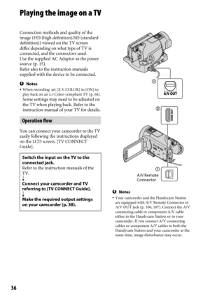 Page 366
Playing the image on a TV
Connection methods and quality of the 
image (HD (high definition)/SD (standard 
definition)) viewed on the TV screen 
differ depending on what type of TV is 
connected, and the connectors used.
Use the supplied AC Adaptor as the power 
source (p.
 15).
Refer also to the instruction manuals 
supplied with the device to be connected.
Notes  When recording, set [X.V.COLOR] to [ON] to 
play back on an x.v.Color-compliant TV (p.  64). Some settings may need to be adjusted on...