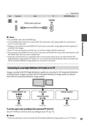 Page 39Recording/Playback
9
 : Signal flow
Type CamcorderCableTVHOME 	MENU	setting
Notes Use an HDMI cable with the HDMI logo. Use an HDMI mini Connector on one end (for the camcorder), and a plug \
suitable for connection to 
your TV on the other end.
  Images are not output from the HDMI OUT jack of your camcorder, if copyr\
ight protection signals are 
recorded in the images.
  Some TVs may not function correctly (e.g., no sound or image) with thi\
s connection. Do not connect the HDMI OUT jack of...