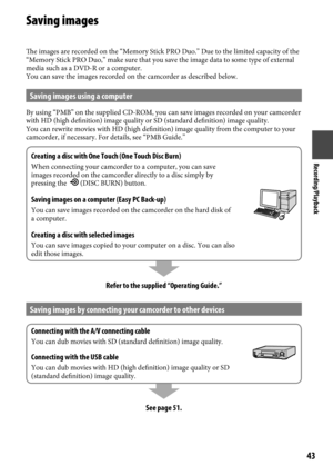 Page 43Recording/Playback
4
Saving images
The images are recorded on the “Memory Stick PRO Duo.” Due to th\
e limited capacity of the 
“Memory Stick PRO Duo,” make sure that you save the image data to \
some type of external 
media such as a DVD-R or a computer.
You can save the images recorded on the camcorder as described below.
Saving images using a computer
By using “PMB” on the supplied CD-ROM, you can save images recorde\
d on your camcorder 
with HD (high definition) image quality or SD (standard...