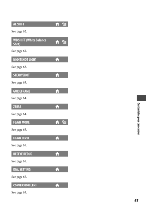Page 67Customizing your camcorder
6
AE SHIFT
See page 62.
WB SHIFT (White Balance 
Shift)
See page 62.
NIGHTSHOT LIGHT
See page 63.
STEADYSHOT
See page 63.
GUIDEFRAME 
See page 64.
ZEBRA 
See page 64.
FLASH MODE
See page 65.
FLASH LEVEL
See page 65.
REDEYE REDUC
See page 65.
DIAL SETTING
See page 65.
CONVERSION LENS
See page 65. 