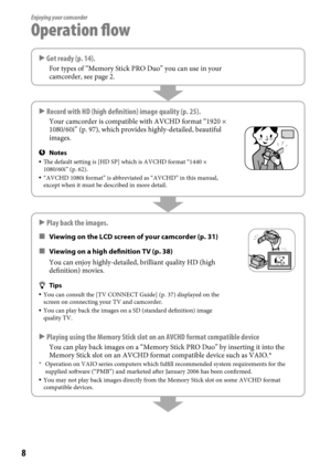 Page 88
Enjoying your camcorder
Operation flow
 Get ready (p. 14).
For types of “Memory Stick PRO Duo” you can use in your 
camcorder, see page 2.
 Record with HD (high definition) image quality (p.  25).
Your camcorder is compatible with AVCHD format “1920 × 
1080/60i” (p. 97), which provides highly-detailed, beautiful 
images.
Notes  The default setting is [HD SP] which is AVCHD format “1440 × 
1080/60i” (p.  62). “AVCHD 1080i format” is abbreviated as “AVCHD” in this manua\
l, 
except when it must be...