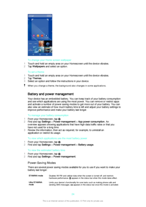 Page 24To change your Home screen wallpaper
1 Touch and hold an empty area on your Homescreen until the device vibrates.
2 Tap  Wallpapers  and select an option.
To set a theme
1 Touch and hold an empty area on your Homescreen until the device vibrates.
2 Tap  Themes .
3 Select an option and follow the instructions in your device.
When you change a theme, the background also changes in some applications.
Battery and power management
Your device has an embedded battery. You can keep track of your battery...