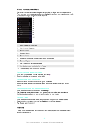 Page 83Music Homescreen MenuThe Music homescreen menu gives you an overview of all the songs on your device.
From here you can manage your albums and playlists, and you can organize your music by mood and tempo using SensMe™ channels.1Return to the Music homescreen2View the current play queue3Browse all artists4Browse all albums5Browse all songs6Browse your music library and filter by artist, album, or song name7Browse all playlists8Play a shared music file on another device9View all subscribed or downloaded...