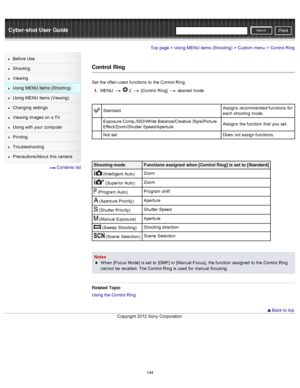 Page 151Cyber-shot User GuidePrint
Search
Before  Use
Shooting
Viewing
Using MENU  items (Shooting)
Using MENU  items (Viewing)
Changing  settings
Viewing  images on  a TV
Using with  your  computer
Printing
Troubleshooting
Precautions/About  this camera
  Contents  list
Top page > Using MENU  items (Shooting) > Custom  menu > Control Ring
Control Ring
Set  the often-used  functions  to  the Control Ring.
1 .  MENU  
  2  [Control  Ring]   desired  mode
Standard Assigns  recommended functions  for
each  shooting...