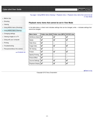 Page 178Cyber-shot User GuidePrint
Search
Before  Use
Shooting
Viewing
Using MENU  items (Shooting)
Using MENU  items (Viewing)
Changing  settings
Viewing  images on  a TV
Using with  your  computer
Printing
Troubleshooting
Precautions/About  this camera
  Contents  list
Top page > Using MENU  items (Viewing) > Playback menu > Playback menu  items that  cannot  be  set
in  View  Mode
Playback  menu  items  that cannot  be set in View  Mode
In  the table  below, a check  mark indicates  settings  that  can  be...