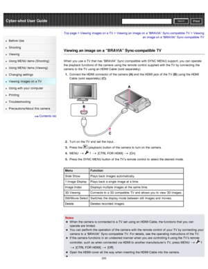 Page 207Cyber-shot User GuidePrint
Search
Before  Use
Shooting
Viewing
Using MENU  items (Shooting)
Using MENU  items (Viewing)
Changing  settings
Viewing  images on  a TV
Using with  your  computer
Printing
Troubleshooting
Precautions/About  this camera
  Contents  list
Top page > Viewing  images on  a TV > Viewing  an  image on  a  “BRAVIA”  Sync-compatible  TV > Viewing
an  image on  a “BRAVIA”  Sync-compatible  TV
Viewing an image on a “BRAVIA” Sync-compatible  TV
When  you  use  a TV  that  has  “BRAVIA”...