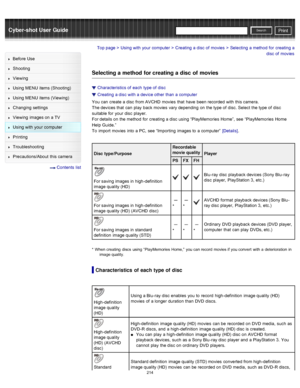 Page 221Cyber-shot User GuidePrint
Search
Before  Use
Shooting
Viewing
Using MENU  items (Shooting)
Using MENU  items (Viewing)
Changing  settings
Viewing  images on  a TV
Using with  your  computer
Printing
Troubleshooting
Precautions/About  this camera
  Contents  list
Top page > Using with  your  computer > Creating  a disc  of  movies > Selecting  a method  for  creating  a
disc  of  movies
Selecting a method  for creating a disc  of  movies
Characteristics  of  each  type of  disc
Creating  a disc  with  a...