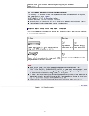 Page 222definition  image
quality (STD)and  a standard definition  image quality (STD) disc  is created.
 Types of  discs that can be  used  with “PlayMemories Home”
The following 12 -cm discs  can  be  used  with  “PlayMemories  Home.”  For information  on  Blu -ray discs,
see  “Creating  Blu -ray discs.” [Details]
DVD -R /  DVD+R  /  DVD+R  DL: Cannot be  re-written.
DVD -RW /  DVD+RW: Can  be  re-written  and  used  again. Always  maintain  your  PlayStation 3 to  use  the latest version of  the PlayStation 3...