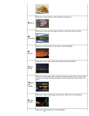 Page 66 (Macro)Allows you  to  shoot  a flower  or other  small  item from close  up.
(Landscape) Allows you  to  shoot  the entire  range of  scenery  in  sharp  focus with  vivid  colors.
(Sunset)Allows you  to  shoot  the reds  of  the sunset  or sunrise beautifully.
 (Night
Scene) Allows you  to  shoot  night  scenes  without  losing  the dark  atmosphere.
 (Hand-
held
Twilight) Allows you  to  shoot  night  scenes  with  less  noise without  using a tripod.  A  burst of  shots
are  taken, and  image...