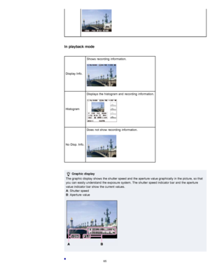 Page 72In playback mode
Display  Info.Shows  recording  information.
HistogramDisplays  the histogram and  recording  information.
No  Disp.  Info.
Does  not show  recording  information.
 
Graphic  display
The graphic  display  shows  the shutter speed and  the aperture value graphically  in  the picture,  so that
you  can  easily understand  the exposure  system.  The shutter speed indicator  bar  and  the aperture
value indicator  bar  show  the current  values.
A :  Shutter speed
B :  Aperture  value
65  