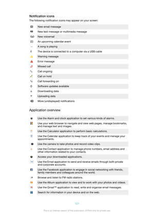 Page 121Notification icons
The following notification icons may appear on your screen:New email messageNew text message or multimedia messageNew voicemailAn upcoming calendar eventA song is playingThe device is connected to a computer via a USB cableWarning messageError messageMissed callCall ongoingCall on holdCall forwarding onSoftware updates availableDownloading dataUploading dataMore (undisplayed) notifications
Application overview
Use the Alarm and clock application to set various kinds of alarms.Use your...
