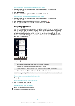 Page 18To search for an application from the Application screen
1 To open the Application screen menu, drag the left edge of the Application
screen to the right.
2 Tap  Search apps .
3 Enter the name of the application that you want to search for.
To uninstall an application from the Application screen
1 To open the Application screen menu, drag the left edge of the Application
screen to the right.
2 Tap  Uninstall . All uninstallable applications are indicated by 
.
3 Tap the application that you want to...