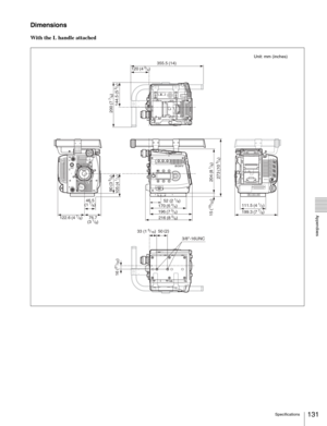 Page 131131Specifications
  Appendixes
Dimensions
With the L handle attached
OFF ON
REMOTE23
CONTROL
PA N E L
VF2
LENS
VF1
105
 (4 1/4) 90
 (3 5/8)
273 (10
 3/4)200
 (7 7/8)
144.5 (5 3/4)
204
 (8 1/8) 16
 (21/32)
15
 (19/32)
199.3 (7 7/8) 355.5
 (14)
120
 (4 3/4)
122.6
 (4 7/8) 76.7 (3 1/8)196
 (7 3/4) 170
 (6 3/4)111.5 (4 1/2) 52 (2 1/8)
50
 (
2)
3/8-16UNC 33 (1 5/16) 46.5
 (1 7/8)
216
 (8 5/8)
Unit: mm (inches) 