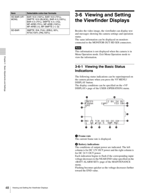 Page 4848Viewing and Setting the Viewfinder Displays
  Chapter 3   Basic Adjustments and Settings
3-6 Viewing and Setting 
the Viewfinder Displays
Besides the video image, the viewfinder can display text 
and messages showing the camera settings and operation 
status.
The same information can be displayed on monitors 
connected to the MONITOR OUT HD SDI connectors.
This information is not displayed when the camera is in 
Menu Operation mode. Exit Menu Operation mode to 
view the information.
3-6-1 Viewing the...