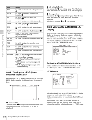 Page 5050Viewing and Setting the Viewfinder Displays
  Chapter 3   Basic Adjustments and Settings
3-6-2 Viewing the LENS (Lens 
Information) Display
Pressing the CANCEL/STATUS button calls the following 
LENS display, showing the information of the mounted 
lens.
aFocus position
The same as the “
3 Focus position” (page 49) of the basic 
status indications, the focus position of the lens is 
displayed.bIris setting indication
The same as the “
qs Iris setting” (page 49) of the basic 
status indications, the...