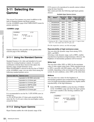 Page 5858Selecting the Gamma
  Chapter 3   Basic Adjustments and Settings
3-11 Selecting the 
Gamma
You can use User gamma you create in addition to the 
built-in Standard gamma and Hyper gamma.
Use the  page of the USER (PAINT) menu for 
gamma operations.
 page
Gamma selection is also possible on the gamma-table 
selection page of the subdisplay.
3-11-1 Using the Standard Gamma
Standard Gamma is for video and intended to be used 
mainly for creating broadcast contents. It is used in 
combination with the Knee...