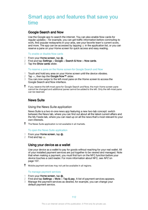 Page 112Smartappsandfeaturesthatsaveyoutime
Google Search and Now Use the Google app to search the internet. You can also enable Now cards for
regular updates  )