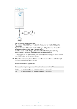 Page 10Tochargeyourdevice
1Plug the charger into a power outlet.
2 Plug one end of the USB Type-C cable into the charger (or into the USB port of
a computer).
3 Plug the other end of the cable into the USB Type-C