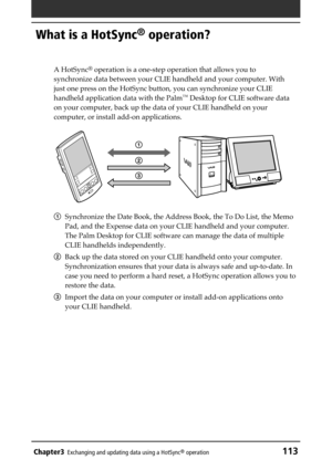 Page 113Chapter3Exchanging and updating data using a HotSync® operation113
What is a HotSync® operation?
A HotSync® operation is a one-step operation that allows you to
synchronize data between your CLIE handheld and your computer. With
just one press on the HotSync button, you can synchronize your CLIE
handheld application data with the Palm
™ Desktop for CLIE software data
on your computer, back up the data of your CLIE handheld on your
computer, or install add-on applications.
1Synchronize the Date Book, the...