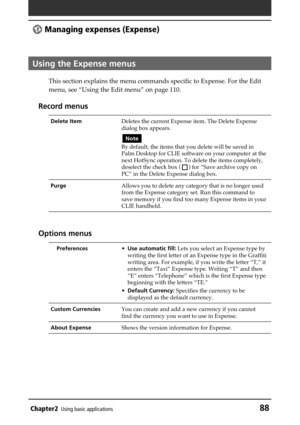 Page 88Chapter2Using basic applications88
 Managing expenses (Expense)
Using the Expense menus
This section explains the menu commands specific to Expense. For the Edit
menu, see “Using the Edit menu” on page 110.
Record menus
Delete ItemDeletes the current Expense item. The Delete Expense
dialog box appears.
Note
By default, the items that you delete will be saved in
Palm Desktop for CLIE software on your computer at the
next HotSync operation. To delete the items completely,
deselect the check box (
) for...