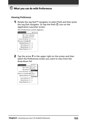 Page 163163Chapter5Customizing your Sony CLIE Handheld (Preferences)
Viewing Preference
1Rotate the Jog Dial™ navigator to select Prefs and then press
the Jog Dial navigator. Or tap the Prefs 
 icon on the
Application Launcher screen.
The Preferences screen appears.
2Tap the arrow V in the upper right on the screen and then
select the Preferences screen you want to view from the
drop-down list.
 What you can do with Preferences 