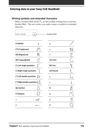 Page 19Chapter1Basic operations of your Sony CLIE Handheld19
Writing symbols and extended characters
Make a Symbol Shift stroke  on the Graffiti writing area to activate
Symbol Shift.  The next stroke you make creates a symbol or extended
character.
(•) Bulletx
(™) Trademark÷
(®) Registered=
(©) Copyrighted(¢) Cent
(‘) Left single quotation(¥) Yen
(’) Right single quotation(£) Pound
(“) Left double quotation¿
(”) Right double quotation ¡
(§) Sectionß
(º) Degreeµ
+ƒ
±ø
Symbol Shift
Entering data in your Sony...