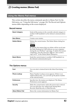 Page 82Chapter2Using basic applications82
 Creating memos (Memo Pad)
Using the Memo Pad menus
This section describes the menu commands specific to Memo Pad. For the
Edit menu, see “Using the Edit menu” on page 104. The Record and Options
menus differ depending on the screen displayed.
Record menus
Beam CategorySends all the memos in the currently selected category to
another CLIÉ handheld via the infrared communications
port.
New MemoCreates a new memo.
Delete MemoDeletes the current memo. The Delete Memo...