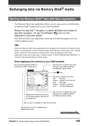 Page 140Chapter 4Communicating using your Sony CLIÉ Handheld140
Exchanging data via Memory Stick®
 media
Starting the Memory Stick® Gate (MS Gate) application
The Memory Stick Gate application allows you to copy, move, or delete data
in Memory Stick®
 media and in your CLIÉ handheld.
Rotate the Jog Dial™ navigator to select MS Gate and press the
Jog Dial navigator. Or tap the MS Gate 
 icon on the
Application Launcher screen.
The Memory Stick Gate application starts up and data lists appear on your
CLIÉ handheld...