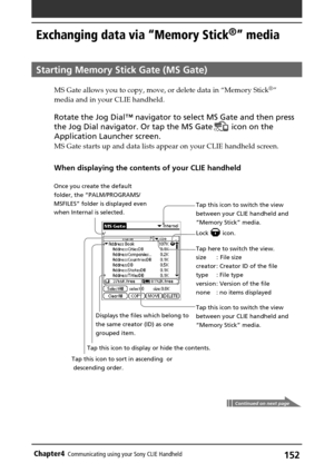 Page 152152Chapter4Communicating using your Sony CLIE Handheld
Tap this icon to switch the view
between your CLIE handheld and
“Memory Stick” media.
Tap here to switch the view.
size :  File size
creator : Creator ID of the file
type : File type
version : Version of the file
none : no items displayed
Tap this icon to switch the view
between your CLIE handheld and
“Memory Stick” media. Displays the files which belong to
the same creator (ID) as one
grouped item.
Exchanging data via “Memory Stick®” media
Starting...