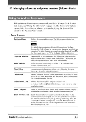 Page 6161Chapter2Using basic applications
Using the Address Book menus
This section explains the menu commands specific to Address Book. For the
Edit menu, see “Using the Edit menu” on page 111. The Record and Options
menus differ depending on whether you are displaying the Address List
screen or the Address View screen.
Record menus
Delete AddressDeletes the current address entry. The Delete Address dialog box
appears.
Note
By default, the entry that you delete will be saved onto the Palm
Desktop for CLIE...