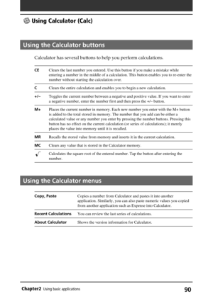 Page 9090Chapter2Using basic applications
Using the Calculator buttons
Calculator has several buttons to help you perform calculations.
CEClears the last number you entered. Use this button if you make a mistake while
entering a number in the middle of a calculation. This button enables you to re-enter the
number without starting the calculation over.
CClears the entire calculation and enables you to begin a new calculation.
+/–Toggles the current number between a negative and positive value. If you want to...