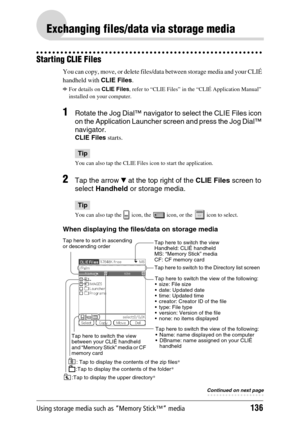 Page 136Using storage media such as “Memory Stick™” media136
Exchanging files/data via storage media
Starting CLIE Files
You can copy, move, or delete files/data between storage media and your CLIÉ 
handheld with CLIE Files.
bFor details on CLIE Files, refer to “CLIE Files” in the “CLIÉ Application Manual” 
installed on your computer.
1Rotate the Jog Dial™ navigator to select the CLIE Files icon 
on the Application Launcher screen and press the Jog Dial™ 
navigator.
CLIE Files starts.
Tip
You can also tap the...