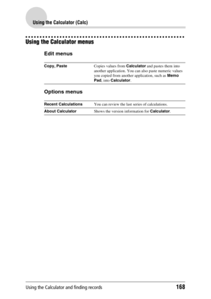 Page 168Using the Calculator and finding records168
Using the Calculator (Calc)
Using the Calculator menus
Edit menus
Options menus
Copy, PasteCopies values from Calculator and pastes them into 
another application. You can also paste numeric values 
you copied from another application, such as Memo 
Pad, into Calculator.
Recent CalculationsYou can review the last series of calculations.
About CalculatorShows the version information for Calculator. 