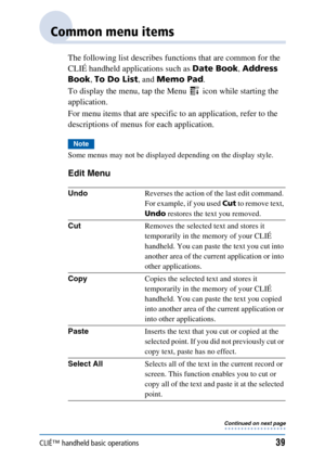 Page 39CLIÉ™ handheld basic operations39
Common menu items
The following list describes functions that are common for the 
CLIÉ handheld applications such as Date Book, Address 
Book , To Do List , and Memo Pad .
To display the menu, tap the Menu   icon while starting the 
application.
For menu items that are specific to an application, refer to the 
descriptions of menus for each application.
Note
Some menus may not be displayed depending on the display style.
Edit Menu
Undo Reverses the action of the last...