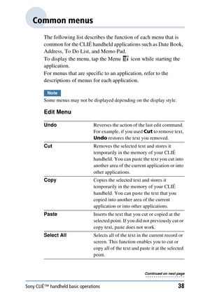 Page 38Sony CLIÉ™ handheld basic operations38
Common menus
The following list describes the function of each menu that is 
common for the CLIÉ handheld ap plications such as Date Book, 
Address, To Do List, and Memo Pad.
To display the menu, tap the  Menu   icon while starting the 
application.
For menus that are specific to  an application, refer to the 
descriptions of menu s for each application.
Note
Some menus may not be displayed depending on the display style.
Edit Menu
Undo Reverses the action of the...