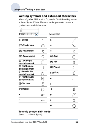 Page 50Entering data on your Sony CLIÉ™ handheld50
Using Graffiti® writing to enter data
Writing symbols and extended characters
Make a Symbol Shift stroke    on the Graffiti writing area to 
activate Symbol Shift. The next stroke you make creates a 
symbol or extended character.
To undo symbol shift mode
Enter   (Back Space).
() Bullet x
(™) Trademark ÷
(®) Registered =
(©) Copyrighted (¢) Cent
(‘) Left single 
quotation mark(¥) Yen
(’) Right single 
quotation mark (£) Pound
(“) Left double 
quotation mark ()...