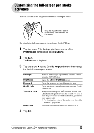 Page 73Customizing your Sony CLIÉ™ handheld (Preferences)73
Customizing the full-screen pen stroke 
activities
You can customize the assignment  of the full-screen pen stroke.
By default, the full-screen  pen stroke activates Graffiti
® Help.
1Tap the arrow V in the top right-hand corner of the 
Preferences  screen and select  Buttons. 
2Tap Pen.
The Pen  screen is displayed.
3Tap the arrow  V next to  Graffiti Help  and select the settings 
for the full-screen pen stroke.
4Tap  OK.
Backlight Turns on the...