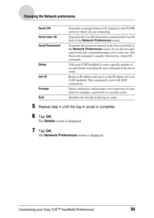 Page 94Customizing your Sony CLIÉ™ handheld (Preferences)94
Changing the Network preferences
5Repeat step 4 until the log-in script is complete.
6Tap OK.
The  Details  screen is displayed.
7Tap OK.
The  Network Preferences  screen is displayed.
Send CR Transmits a carriage return or  LF character to the TCP/IP 
server to which you are connecting.
Send User ID Transmits the User ID informa tion entered in the User ID 
field of the  Network Preferences  screen.
Send Password Transmits the password entered in the...