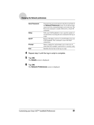 Page 81Customizing your Sony CLIÉ™ handheld (Preferences)81
Sony Personal Entertainment Organizer  A-BGK-100-11 (1)
Changing the Network preferences
4Repeat step 3 until the log-in script is complete.
5Tap OK.
The Details screen is displayed.
6Tap OK.
The Network Preferences screen is displayed.
Send PasswordTransmits the password entered in the Password field of 
the Network Preferences screen. If you did not enter 
a password, this command prompts you to enter one. The 
Password command is usually followed by...