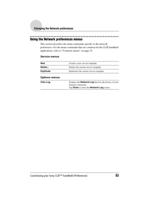 Page 83Customizing your Sony CLIÉ™ handheld (Preferences)83
Sony Personal Entertainment Organizer  A-BGK-100-11 (1)
Changing the Network preferences
Using the Network preferences menus
This section describes the menu commands specific to the network 
preferences. For the menu commands that are common for the CLIÉ handheld 
applications, refer to “Common menus” on page 25.
Service menus
Options menus
NewCreates a new service template.
Delete...Deletes the current service template.
DuplicateDuplicates the current...