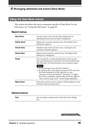 Page 46Chapter 2Using Basic applications46
 Managing schedules and events (Date Book)
Continued on next page
Using the Date Book menus
This section describes the menu commands specific to Date Book. For the
Edit menu, see “Using the Edit menu” on page 99.
Record menus
New EventCreates a new event. The Set Time dialog box for
selecting the start and end times is displayed.
Delete EventDeletes the currently selected event. The Delete Event
dialog box appears.
Attach NoteAttaches notes to the current event. A...